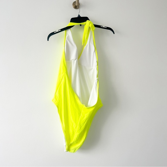 NEW Aerie Neon Yellow V Neck Halter Low Back One Piece Swimsuit - Picture 9 of 10
